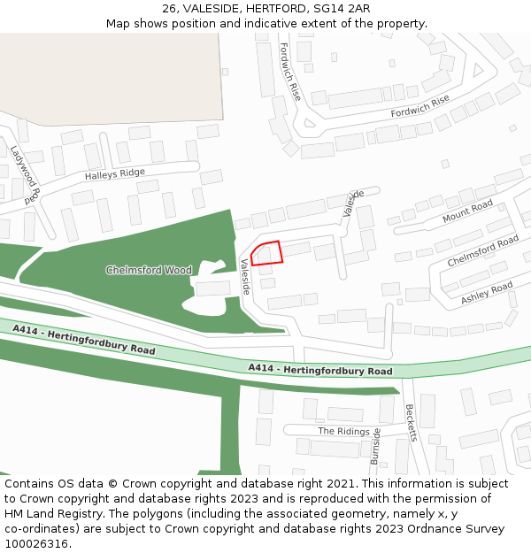 26, VALESIDE, HERTFORD, SG14 2AR: Location map and indicative extent of plot