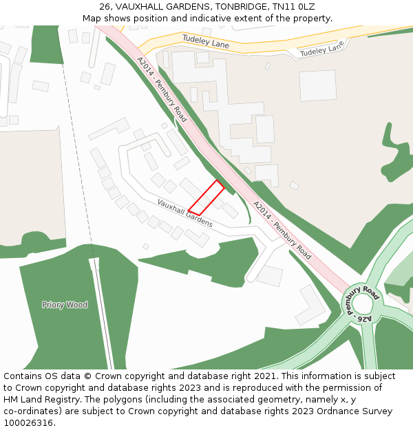 26, VAUXHALL GARDENS, TONBRIDGE, TN11 0LZ: Location map and indicative extent of plot