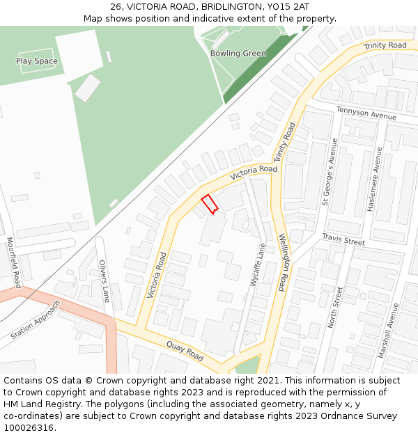 26, VICTORIA ROAD, BRIDLINGTON, YO15 2AT: Location map and indicative extent of plot