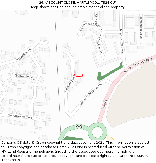 26, VISCOUNT CLOSE, HARTLEPOOL, TS24 0UN: Location map and indicative extent of plot