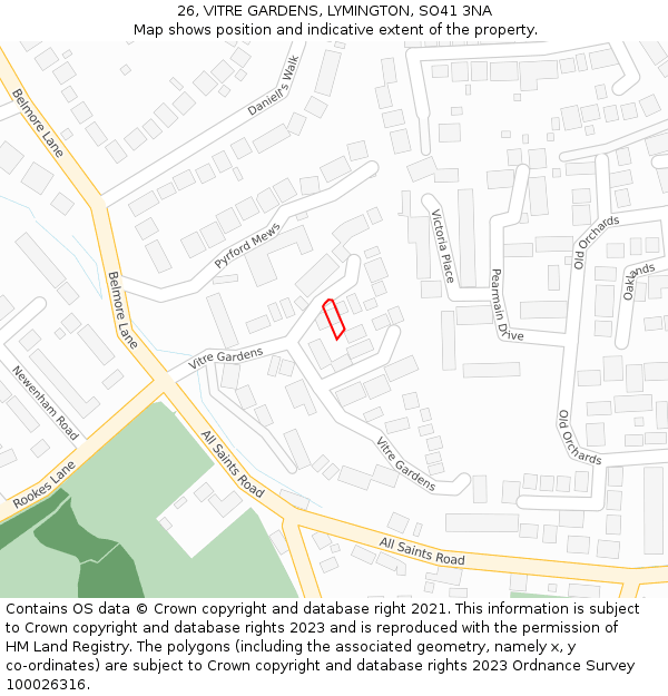 26, VITRE GARDENS, LYMINGTON, SO41 3NA: Location map and indicative extent of plot