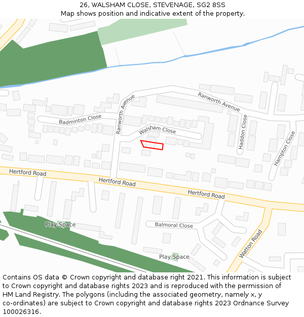 26, WALSHAM CLOSE, STEVENAGE, SG2 8SS: Location map and indicative extent of plot