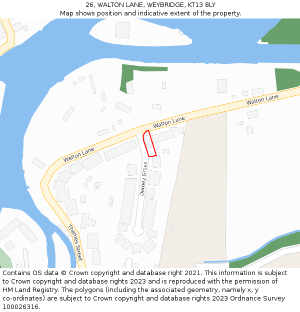 26, WALTON LANE, WEYBRIDGE, KT13 8LY: Location map and indicative extent of plot