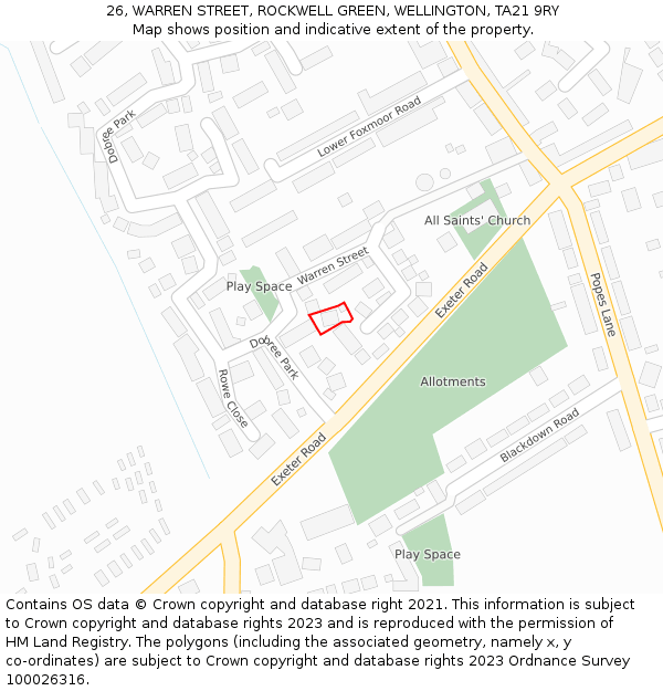 26, WARREN STREET, ROCKWELL GREEN, WELLINGTON, TA21 9RY: Location map and indicative extent of plot