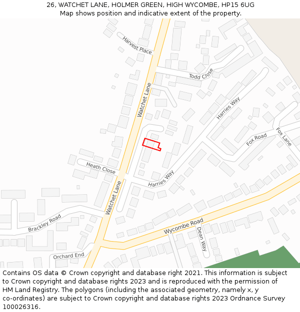 26, WATCHET LANE, HOLMER GREEN, HIGH WYCOMBE, HP15 6UG: Location map and indicative extent of plot