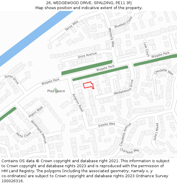 26, WEDGEWOOD DRIVE, SPALDING, PE11 3FJ: Location map and indicative extent of plot