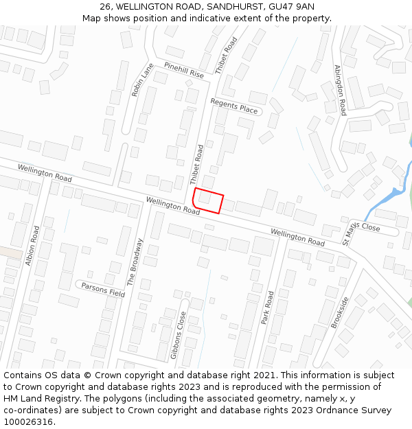 26, WELLINGTON ROAD, SANDHURST, GU47 9AN: Location map and indicative extent of plot