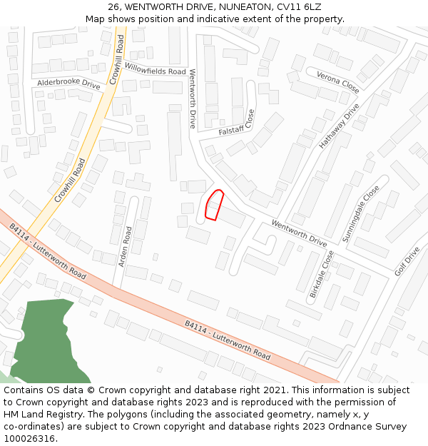 26, WENTWORTH DRIVE, NUNEATON, CV11 6LZ: Location map and indicative extent of plot