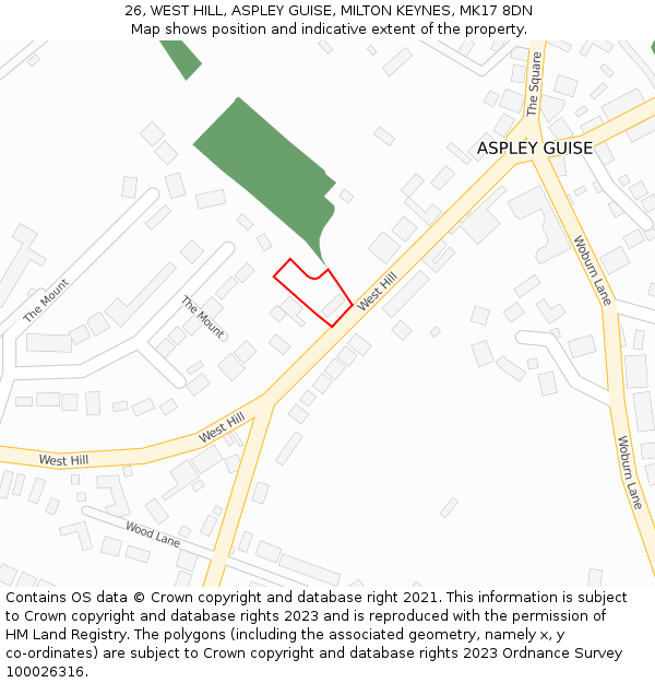 26, WEST HILL, ASPLEY GUISE, MILTON KEYNES, MK17 8DN: Location map and indicative extent of plot