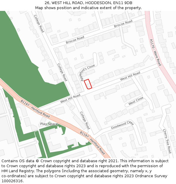26, WEST HILL ROAD, HODDESDON, EN11 9DB: Location map and indicative extent of plot