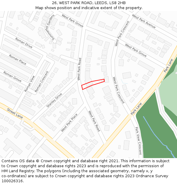 26, WEST PARK ROAD, LEEDS, LS8 2HB: Location map and indicative extent of plot