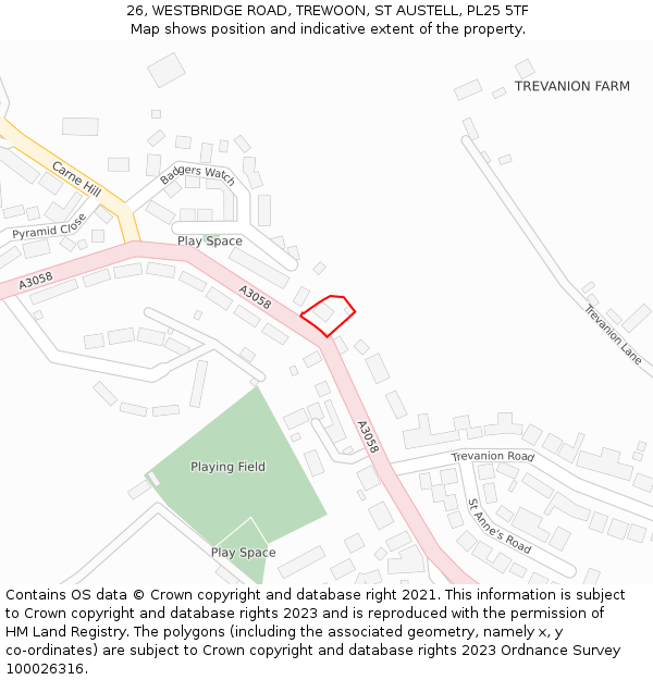 26, WESTBRIDGE ROAD, TREWOON, ST AUSTELL, PL25 5TF: Location map and indicative extent of plot