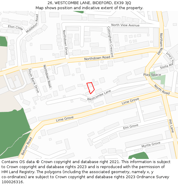 26, WESTCOMBE LANE, BIDEFORD, EX39 3JQ: Location map and indicative extent of plot