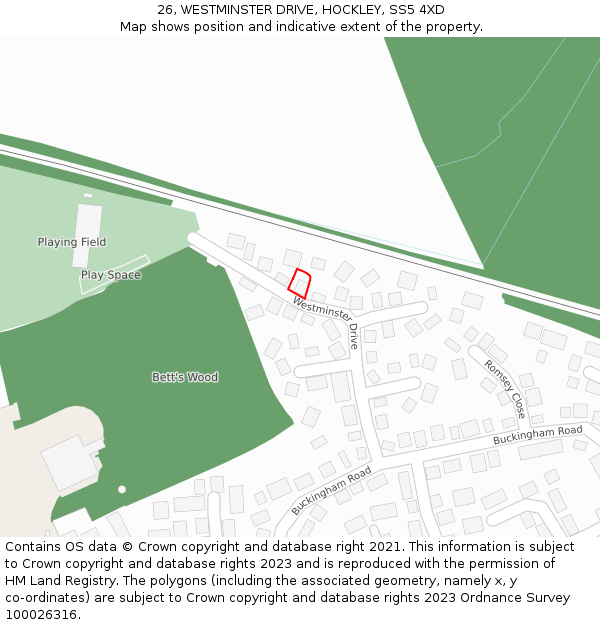 26, WESTMINSTER DRIVE, HOCKLEY, SS5 4XD: Location map and indicative extent of plot