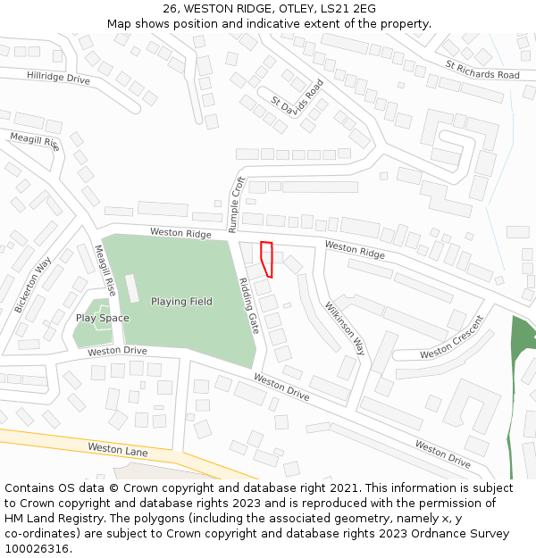 26, WESTON RIDGE, OTLEY, LS21 2EG: Location map and indicative extent of plot