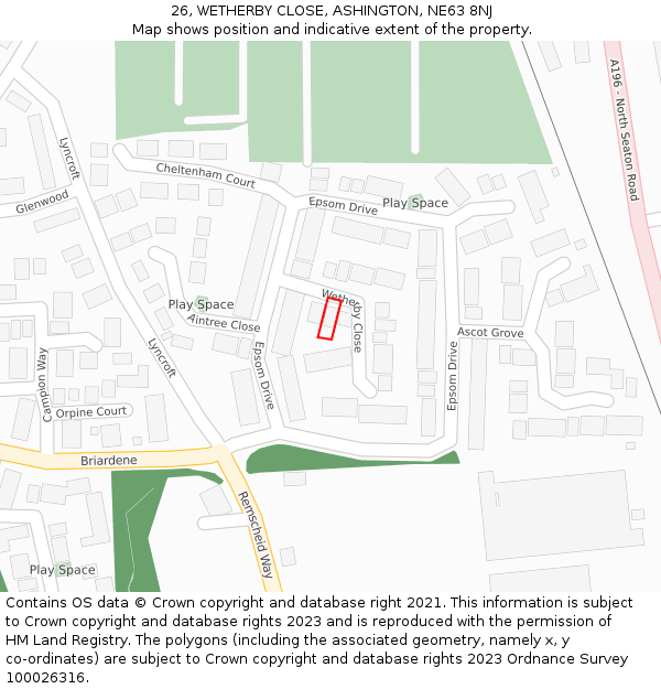 26, WETHERBY CLOSE, ASHINGTON, NE63 8NJ: Location map and indicative extent of plot