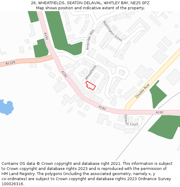 26, WHEATFIELDS, SEATON DELAVAL, WHITLEY BAY, NE25 0PZ: Location map and indicative extent of plot