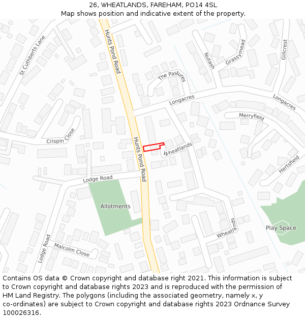 26, WHEATLANDS, FAREHAM, PO14 4SL: Location map and indicative extent of plot