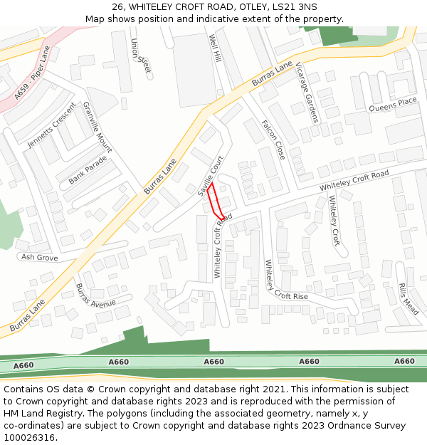 26, WHITELEY CROFT ROAD, OTLEY, LS21 3NS: Location map and indicative extent of plot