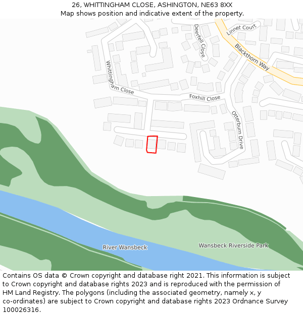 26, WHITTINGHAM CLOSE, ASHINGTON, NE63 8XX: Location map and indicative extent of plot