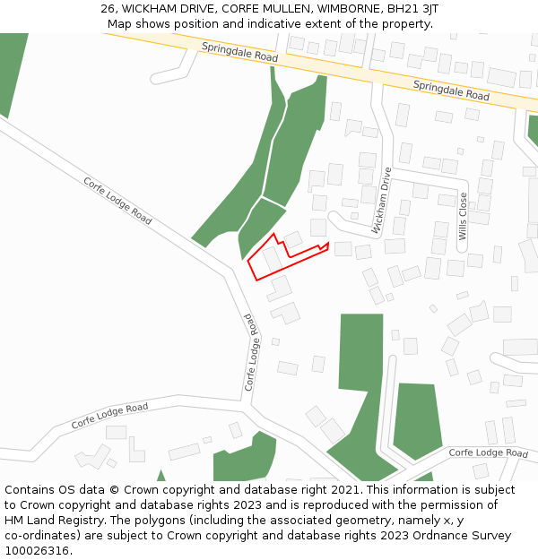 26, WICKHAM DRIVE, CORFE MULLEN, WIMBORNE, BH21 3JT: Location map and indicative extent of plot