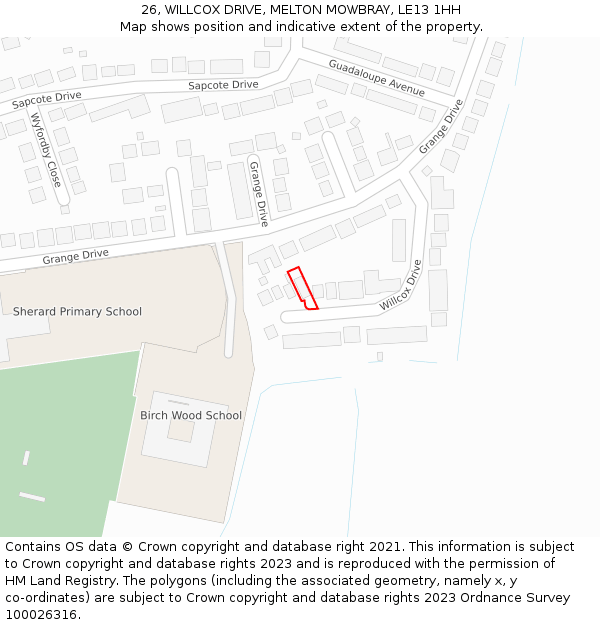 26, WILLCOX DRIVE, MELTON MOWBRAY, LE13 1HH: Location map and indicative extent of plot