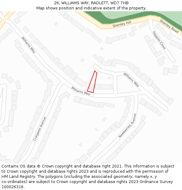 26, WILLIAMS WAY, RADLETT, WD7 7HB: Location map and indicative extent of plot