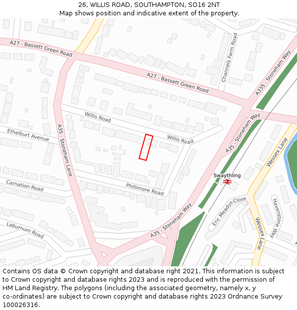 26, WILLIS ROAD, SOUTHAMPTON, SO16 2NT: Location map and indicative extent of plot