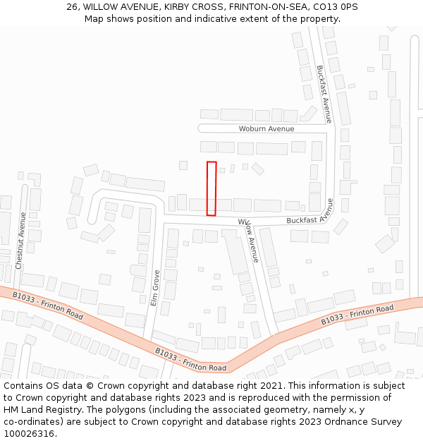 26, WILLOW AVENUE, KIRBY CROSS, FRINTON-ON-SEA, CO13 0PS: Location map and indicative extent of plot