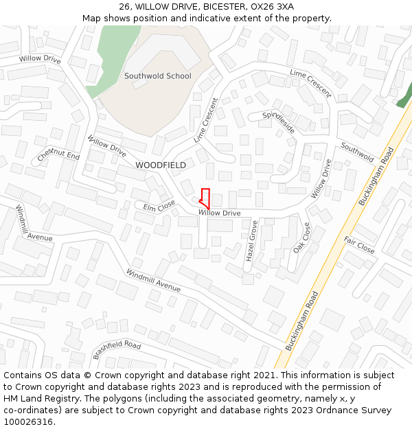 26, WILLOW DRIVE, BICESTER, OX26 3XA: Location map and indicative extent of plot