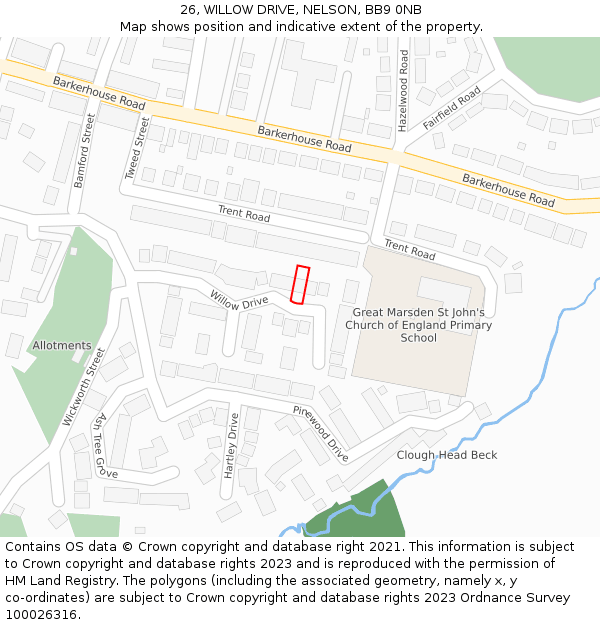 26, WILLOW DRIVE, NELSON, BB9 0NB: Location map and indicative extent of plot