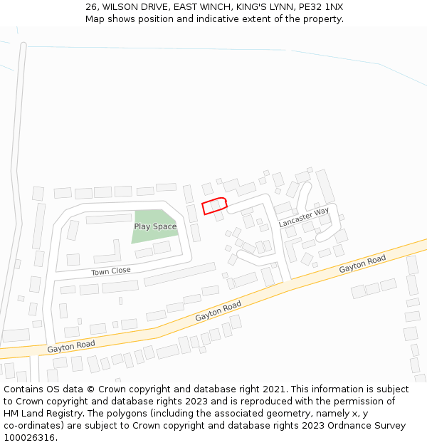 26, WILSON DRIVE, EAST WINCH, KING'S LYNN, PE32 1NX: Location map and indicative extent of plot