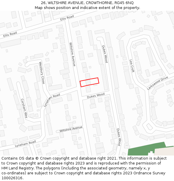 26, WILTSHIRE AVENUE, CROWTHORNE, RG45 6NQ: Location map and indicative extent of plot