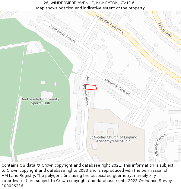 26, WINDERMERE AVENUE, NUNEATON, CV11 6HJ: Location map and indicative extent of plot