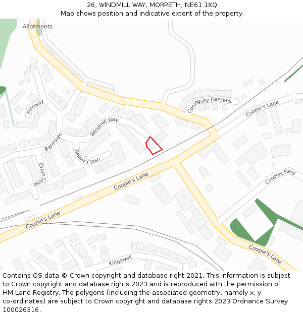 26, WINDMILL WAY, MORPETH, NE61 1XQ: Location map and indicative extent of plot