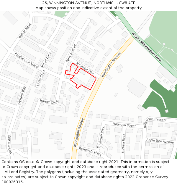 26, WINNINGTON AVENUE, NORTHWICH, CW8 4EE: Location map and indicative extent of plot