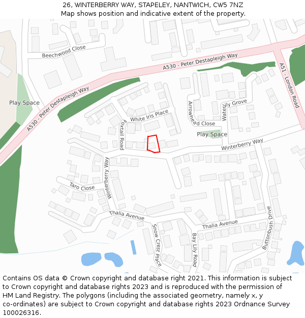 26, WINTERBERRY WAY, STAPELEY, NANTWICH, CW5 7NZ: Location map and indicative extent of plot