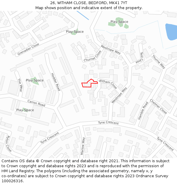 26, WITHAM CLOSE, BEDFORD, MK41 7YT: Location map and indicative extent of plot