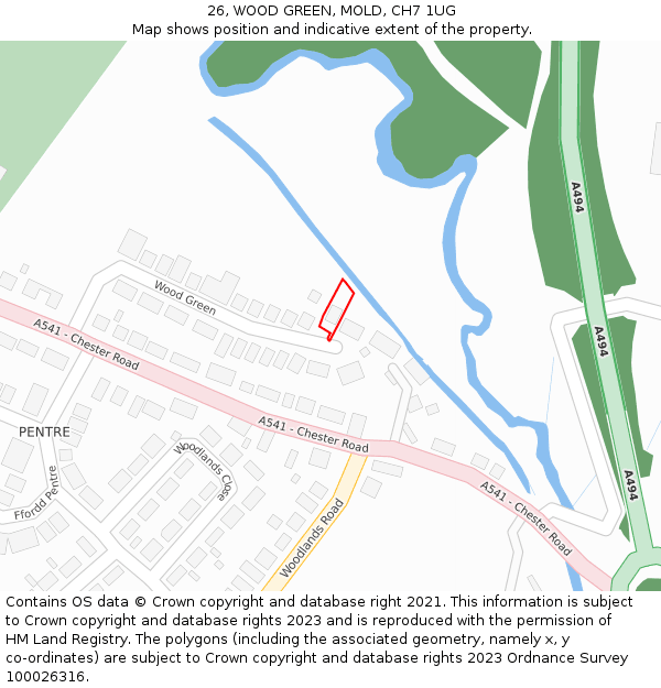 26, WOOD GREEN, MOLD, CH7 1UG: Location map and indicative extent of plot