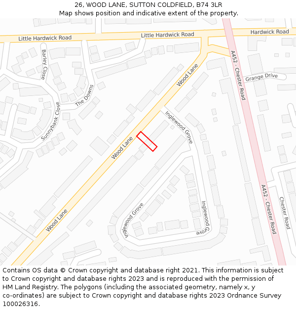 26, WOOD LANE, SUTTON COLDFIELD, B74 3LR: Location map and indicative extent of plot