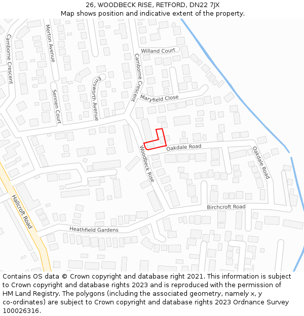 26, WOODBECK RISE, RETFORD, DN22 7JX: Location map and indicative extent of plot