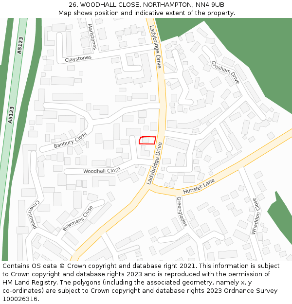 26, WOODHALL CLOSE, NORTHAMPTON, NN4 9UB: Location map and indicative extent of plot