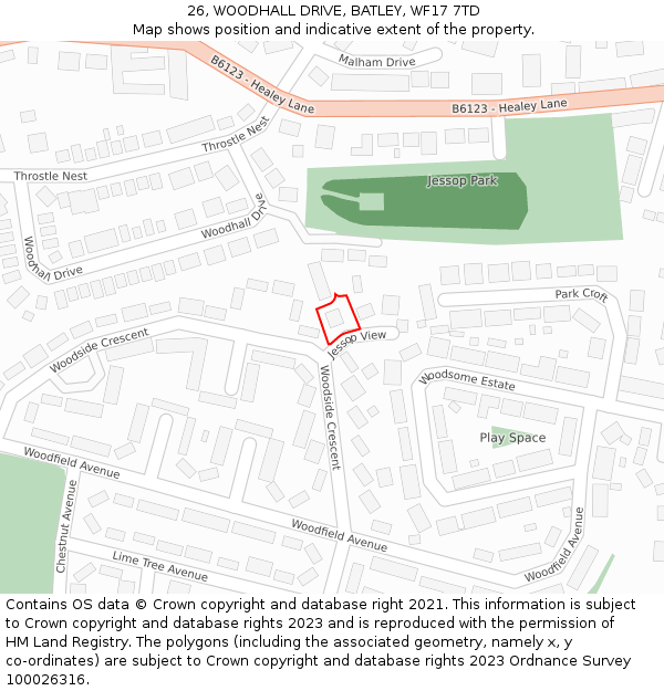 26, WOODHALL DRIVE, BATLEY, WF17 7TD: Location map and indicative extent of plot