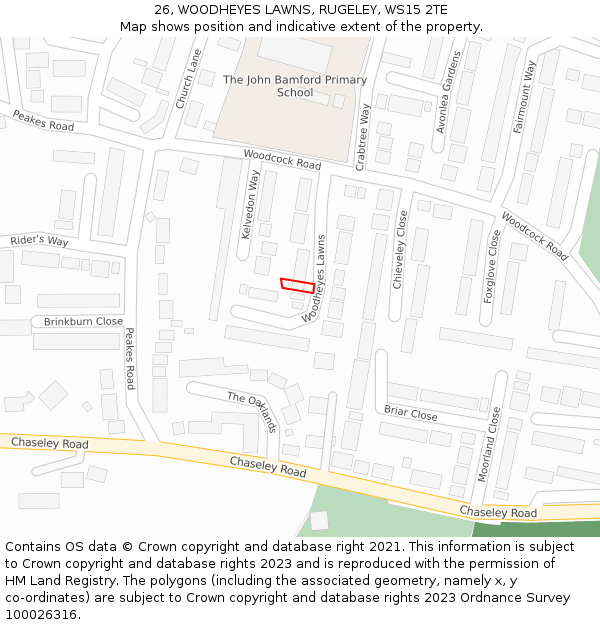 26, WOODHEYES LAWNS, RUGELEY, WS15 2TE: Location map and indicative extent of plot