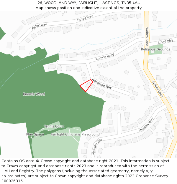 26, WOODLAND WAY, FAIRLIGHT, HASTINGS, TN35 4AU: Location map and indicative extent of plot