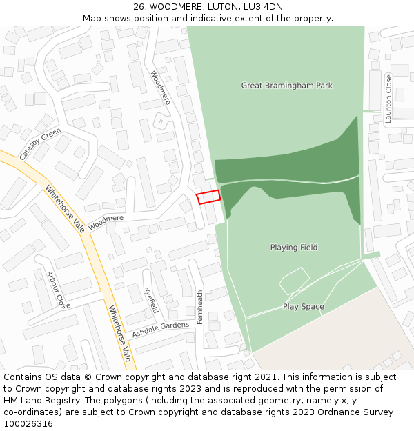 26, WOODMERE, LUTON, LU3 4DN: Location map and indicative extent of plot