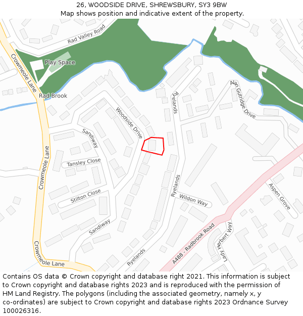 26, WOODSIDE DRIVE, SHREWSBURY, SY3 9BW: Location map and indicative extent of plot