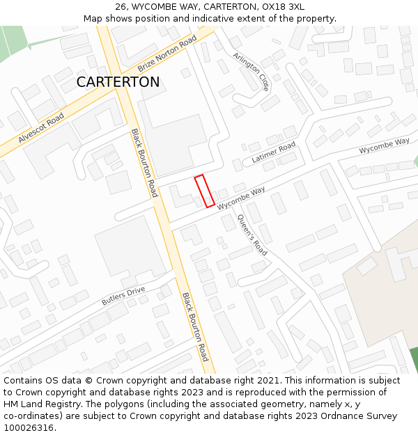 26, WYCOMBE WAY, CARTERTON, OX18 3XL: Location map and indicative extent of plot