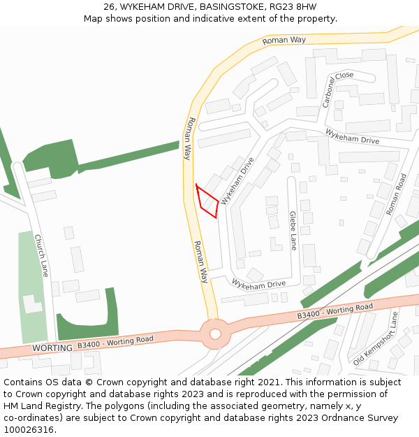 26, WYKEHAM DRIVE, BASINGSTOKE, RG23 8HW: Location map and indicative extent of plot