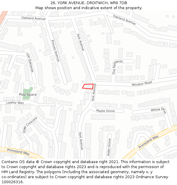 26, YORK AVENUE, DROITWICH, WR9 7DB: Location map and indicative extent of plot